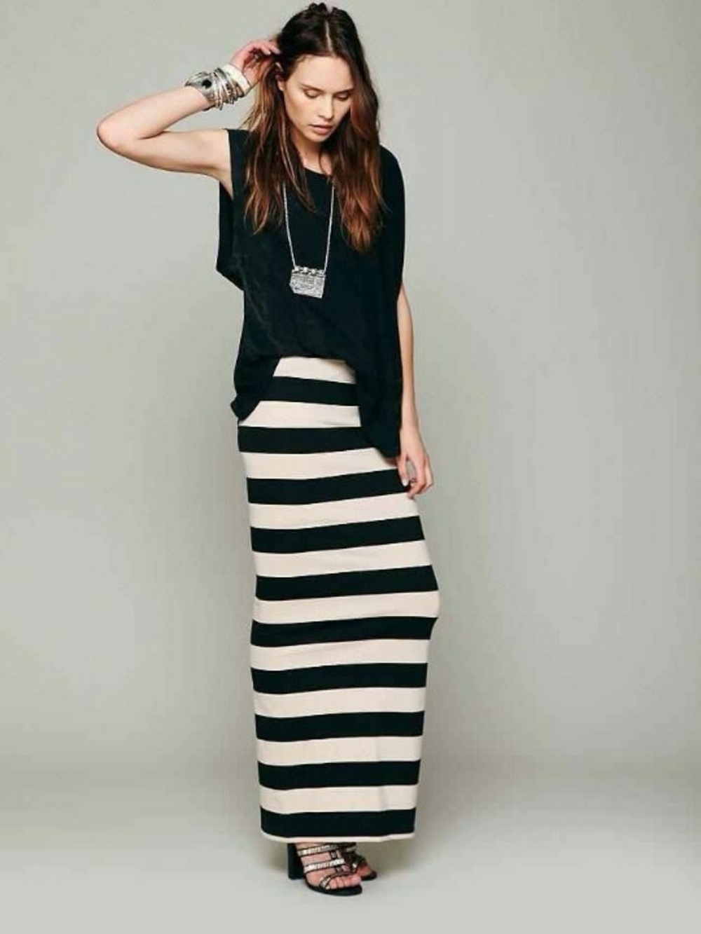Free People Rugby Stripe Column Maxi Skirt Black Beige Knit Medium Lined